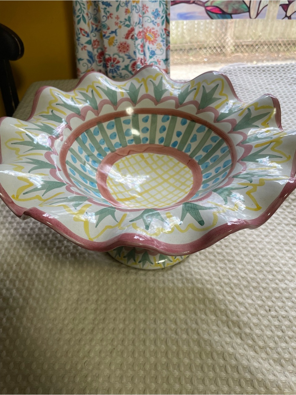 MacKenzie Childs Footed Pedestal Fluted Compote Bowl Ruffled Rim